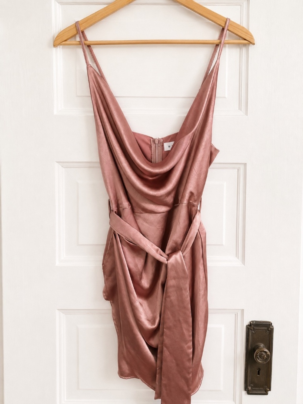 Mable Blush Satin Cowl Neck Draped Dress M